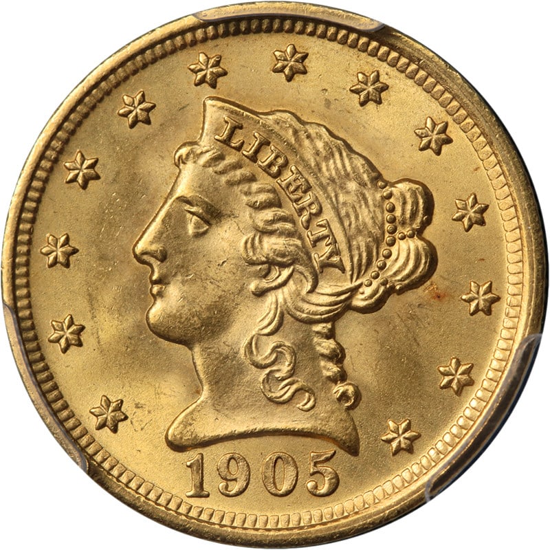 PCGS MS65 1905 Liberty Head $2.50 Gold Coin: PCGS MS65 1905 Liberty Head $2.50 Gold Coin Original 1905 Liberty Gold $2.50 certified by PCGS and graded MS65. This uncirculated pre-owned coin is noted for superb eye appeal, fantastic luster, a str