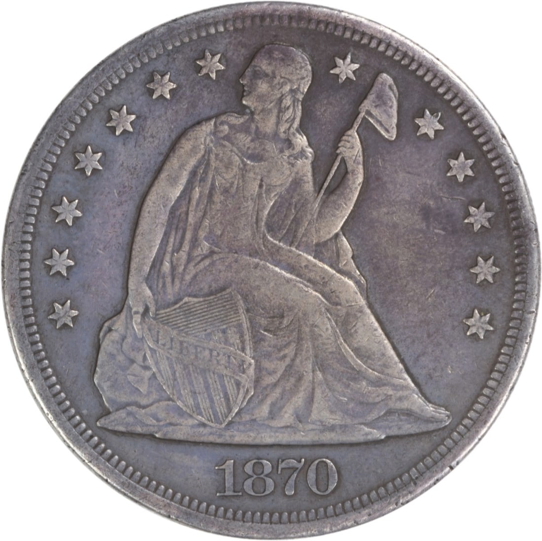 1870 Carson City Seated Liberty $1 Silver Dollar EF Uncertified: 1870 Carson City Seated Liberty $1 Silver Dollar EF Uncertified This is an 1870-CC Liberty Seated Silver Dollar from the Carson City Mint. The coin is composed of 90% silver and 10% copper, features a