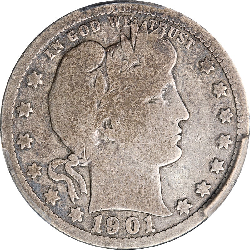 PCGS G Details 1901 S Barber Quarter Silver Key Date: PCGS G Details 1901 S Barber Quarter Silver Key Date 1901-S Barber Quarter certified by PCGS and graded G Details. This circulated silver key date coin shows decent eye appeal, a nice strike, decent c
