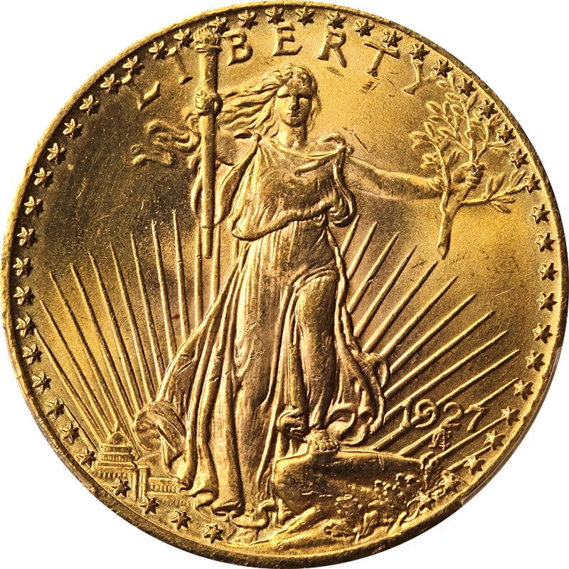 PCGS MS65 1927 Saint-Gaudens $20 Gold Coin Philadelphia Mint: PCGS MS65 1927 Saint-Gaudens $20 Gold Coin Philadelphia Mint A 1927-P Saint-Gaudens Gold $20 coin graded PCGS MS65. This pre-owned, uncirculated example is noted for superb eye appeal, fantastic luste