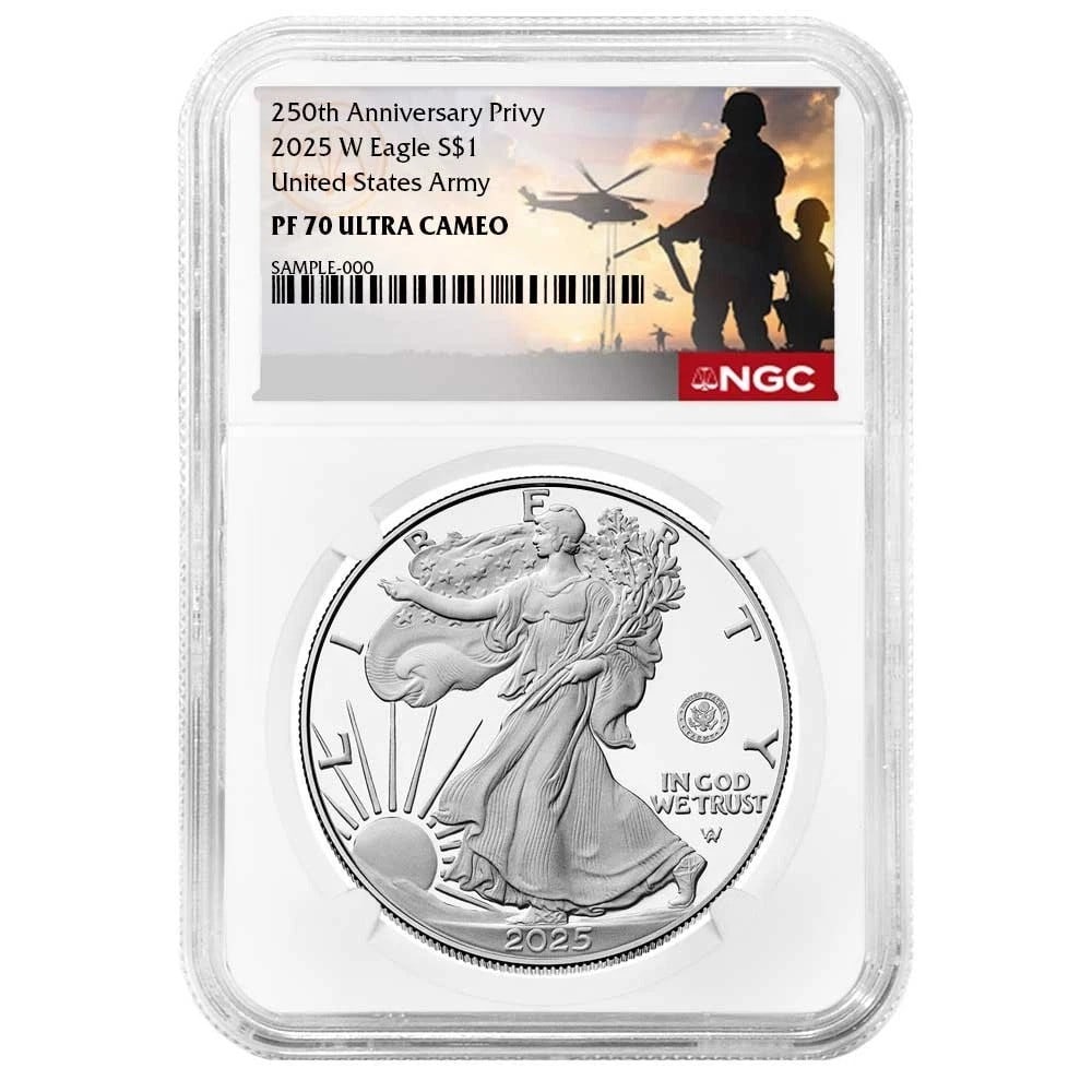 2025 Proof Silver Eagle U.S. Army Privy NGC PF70: 2025 Proof Silver Eagle U.S. Army Privy NGC PF70 This 2025 Proof American Silver Eagle coin features a special U.S. Army privy mark and is struck in .999 fine silver. Certified by NGC with a top grade