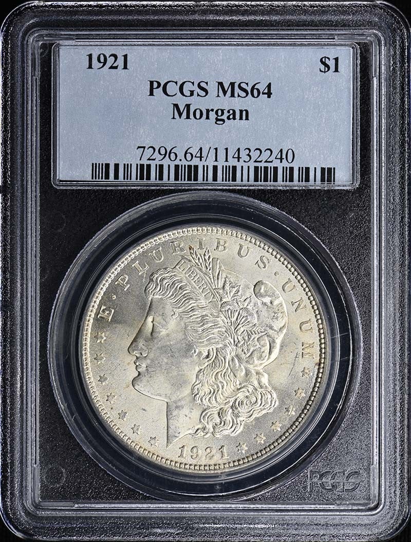 PCGS MS64 1921 Morgan Silver Dollar $1: PCGS MS64 1921 Morgan Silver Dollar $1 1921 Morgan Dollar certified by PCGS and graded MS64. This pre-owned coin is uncirculated and was minted in the United States. Specifications Coin Type: Morgan D