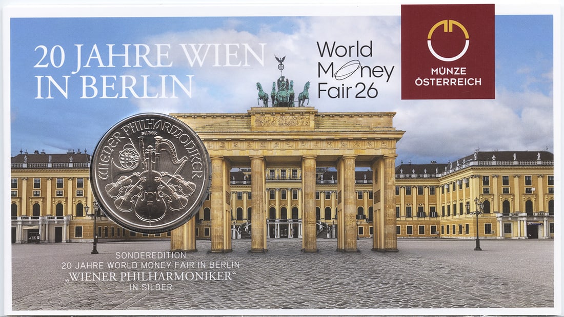 Austria 2026 150 Euro Silver Philharmoniker WMF Berlin Edition: Austria 2026 150 Euro Silver Philharmoniker WMF Berlin Edition A one-ounce silver Philharmonic from Austria, packaged to commemorate the 20th year of the World Money Fair in Berlin. Just 600 were prod