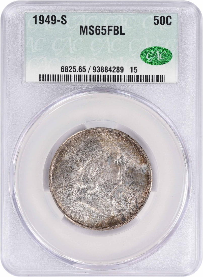 1949 San Francisco Franklin 50C Silver Coin MS65FBL CACG Certified: 1949 San Francisco Franklin 50C Silver Coin MS65FBL CACG Certified This 1949-S Franklin Half Dollar is an uncirculated coin graded MS65FBL by CACG. Struck at the San Francisco Mint, it features a comp