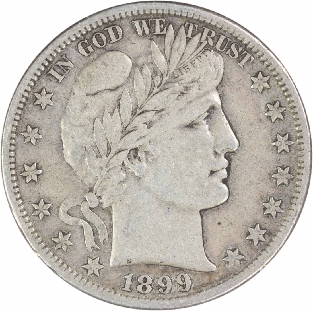 United States 1899-S Barber 50C Silver Half Dollar EF Uncertified: United States 1899-S Barber 50C Silver Half Dollar EF Uncertified 1899-S Barber silver half dollar in EF grade. This circulated, uncertified United States 50C coin is a pre-owned example of the Barber