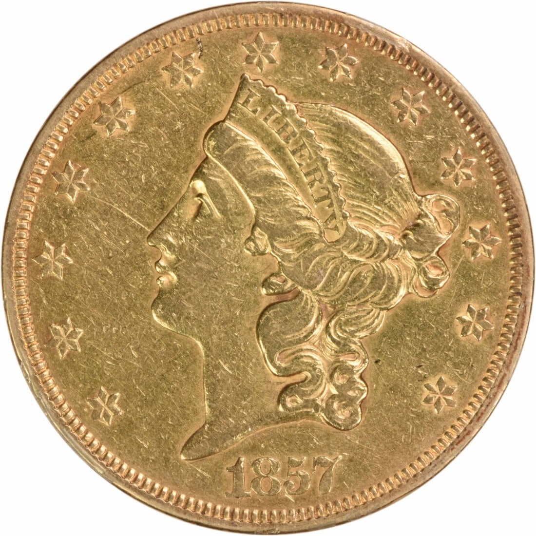 1857 Liberty Head $20 Gold Coin EF Uncertified: 1857 Liberty Head $20 Gold Coin EF Uncertified This is an 1857 $20 Liberty Head gold coin from the United States, designed by James Barton Longacre. The coin is circulated and in Extremely Fine (EF) c