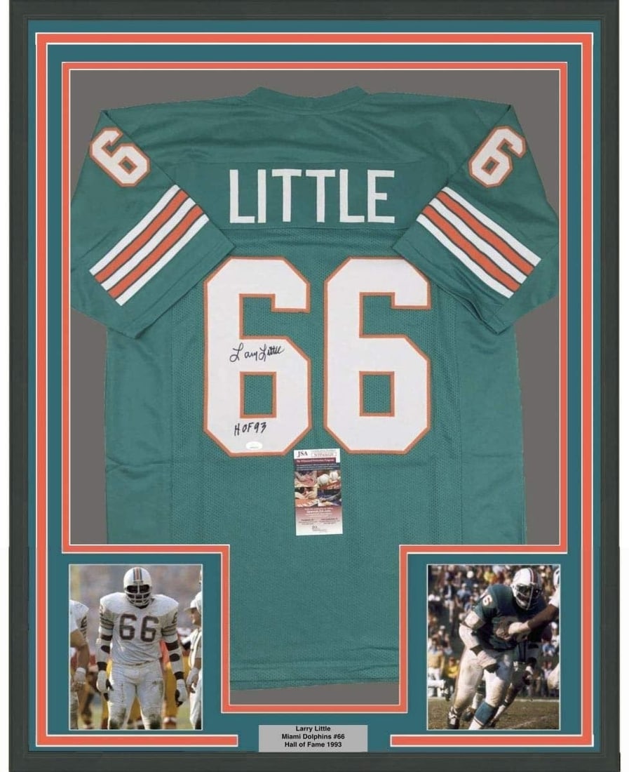 Larry Little signed framed Miami Dolphins jersey 35x39 JSA: Larry Little signed framed Miami Dolphins jersey 35x39 JSA Professionally framed and matted original Miami Dolphins teal jersey signed by Larry Little. This pre-owned display includes two 5x7 photos a