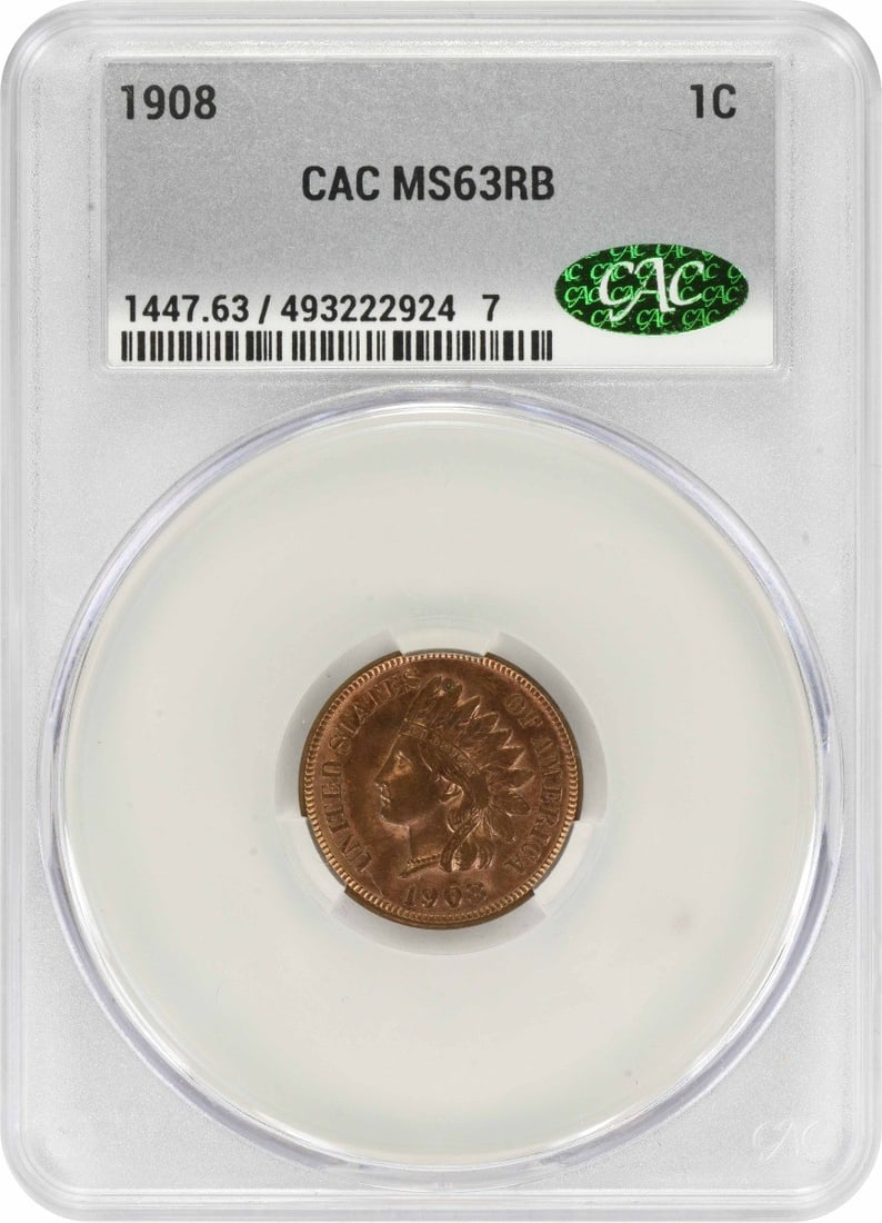 1908 Indian Head Small Cent CACG MS63RB Copper: 1908 Indian Head Small Cent CACG MS63RB Copper 1908 Indian Head Small Cent certified by CACG and graded MS63RB. This uncirculated United States coin is struck in copper and offered as a pre-owned piec