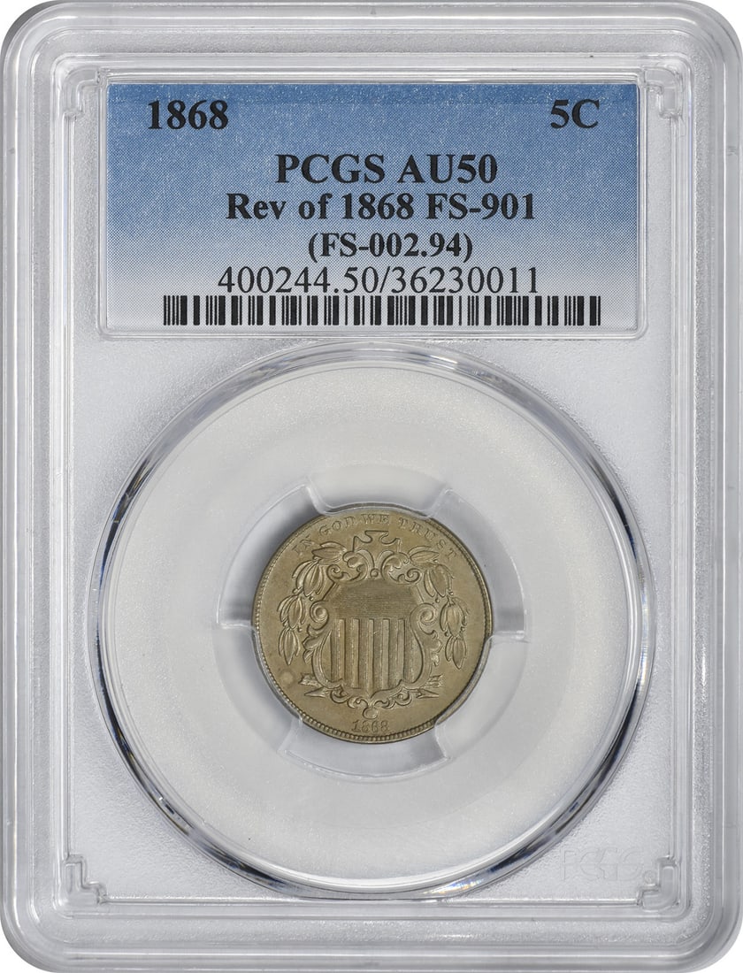 PCGS AU50 1868 Shield Nickel FS-901 5C: PCGS AU50 1868 Shield Nickel FS-901 5C 1868 Shield Nickel certified by PCGS and graded AU50. This circulated 5-cent United States coin features the Reverse of 1868 variety and is a pre-owned example o