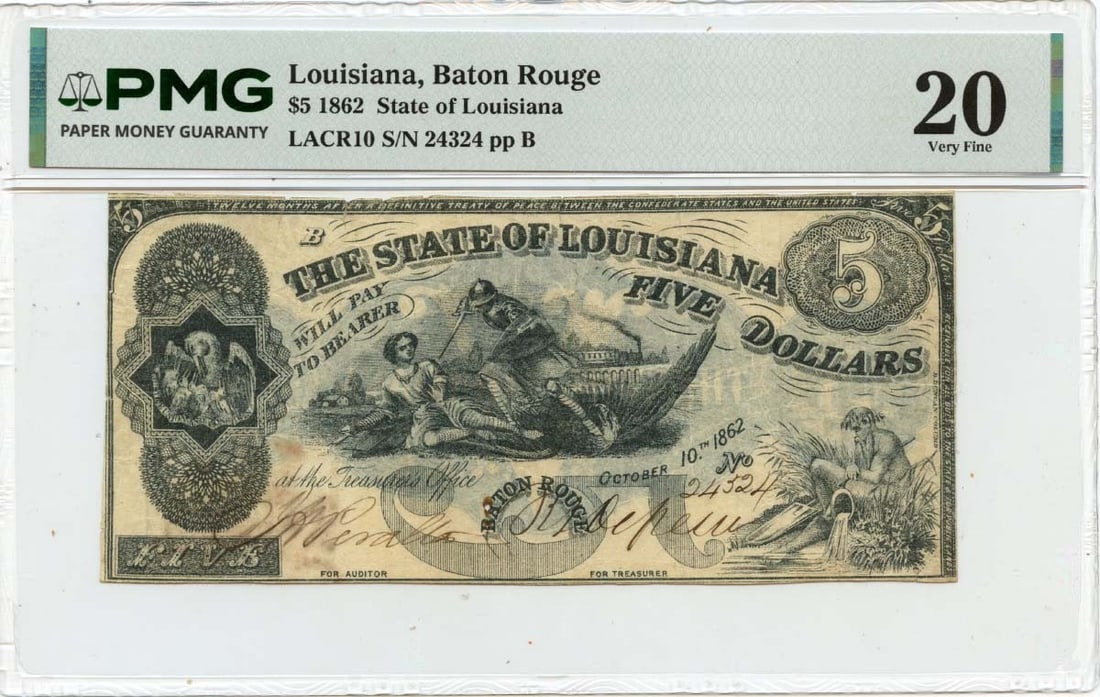 PMG VF20 1862 Louisiana State of Louisiana Baton Rouge $5 Obsolete Note: PMG VF20 1862 Louisiana State of Louisiana Baton Rouge $5 Obsolete Note 1862 State of Louisiana obsolete note from Baton Rouge, graded PMG VF20. This pre-owned example is a circulated banknote from th