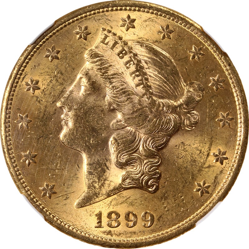 NGC MS61 1899-S Liberty Head $20 Gold Coin: NGC MS61 1899-S Liberty Head $20 Gold Coin Original 1899-S Liberty Gold $20 coin graded NGC MS61. This uncirculated pre-owned piece is noted for its nice eye appeal, nice luster, nice strike, color, a