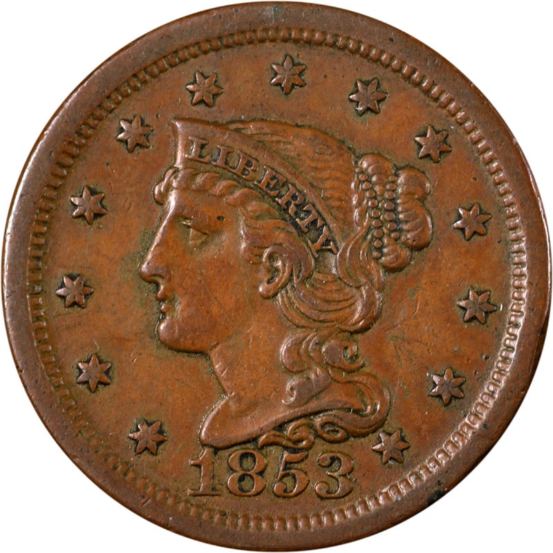 1853 United States Large Cent Copper Coin: 1853 United States Large Cent Copper Coin 1853 Large Cent coin from the United States. This pre-owned example is composed of copper and is listed in circulated condition. Specifications Item Type: Lar