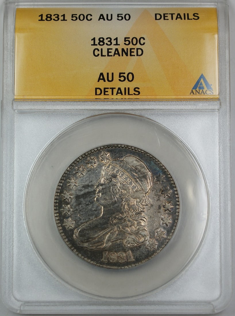 ANACS AU-50 1831 Capped Bust Half Dollar Silver Coin Cleaned: ANACS AU-50 1831 Capped Bust Half Dollar Silver Coin Cleaned This 1831 Capped Bust Silver Half Dollar is certified by ANACS with a grade of AU-50 Details. The coin has been noted as cleaned. It was mi