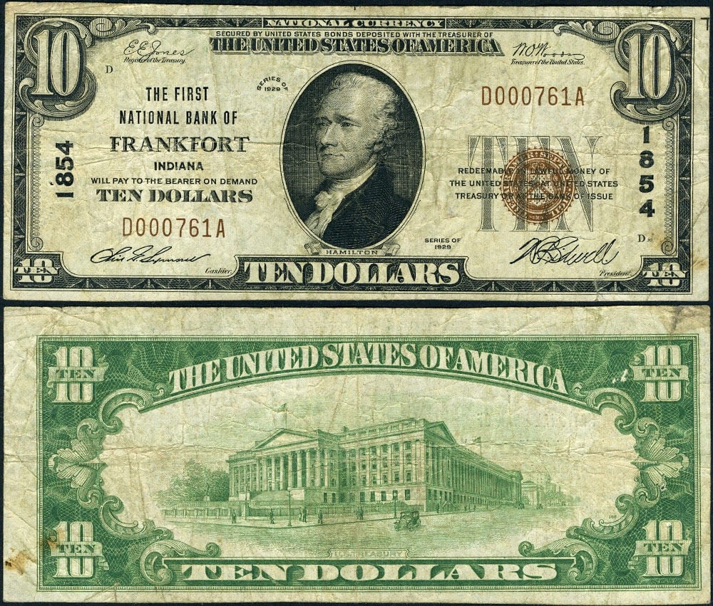 1929 T-1 $10 National Bank Note Frankfort Indiana CH 1854 FNB: 1929 T-1 $10 National Bank Note Frankfort Indiana CH 1854 FNB 1929 Type 1 $10 National Bank Note from Frankfort, Indiana, Charter #1854, issued by The First National Bank. This is a circulated example