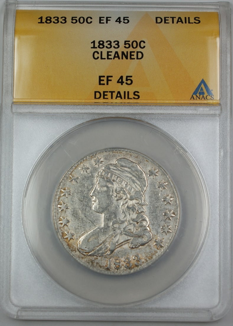 1833 Capped Bust 50C Silver Half Dollar ANACS EF-45 Cleaned: 1833 Capped Bust 50C Silver Half Dollar ANACS EF-45 Cleaned 1833 Capped Bust Half Dollar coin from the United States, struck in silver and graded ANACS EF-45 Details Cleaned. This circulated 50C piece