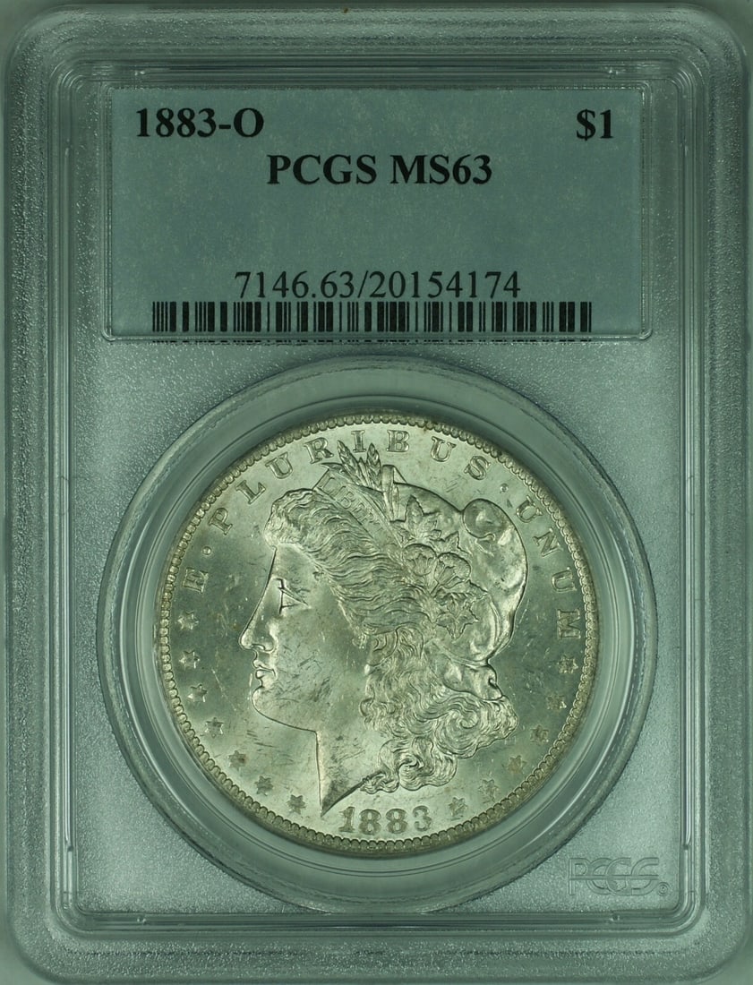 PCGS MS63 1883-O Morgan Silver Dollar $1: PCGS MS63 1883-O Morgan Silver Dollar $1 1883-O Morgan Silver Dollar $1 coin certified by PCGS and graded MS63. This United States coin is an uncirculated silver Morgan dollar in pre-owned condition. 