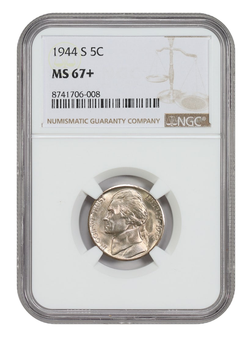 NGC MS67+ 1944-S Jefferson Nickel 5C Uncirculated: NGC MS67+ 1944-S Jefferson Nickel 5C Uncirculated 1944-S Jefferson Nickel certified by NGC in MS67+ grade. This uncirculated 5C coin is a pre-owned example from the San Francisco Mint. Specifications 