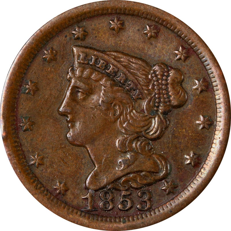 1853 United States Braided Hair Half Cent Copper Coin: 1853 United States Braided Hair Half Cent Copper Coin 1853 Braided Hair Half Cent from the United States. This pre-owned coin is composed of copper and is circulated and uncertified. Specifications It