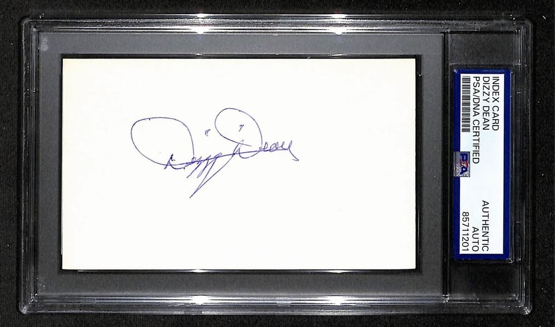 PSA DNA Certified Dizzy Dean Autograph on 3x5 Cardinals Index Card: PSA DNA Certified Dizzy Dean Autograph on 3x5 Cardinals Index Card Original Dizzy Dean Hall of Fame signed 3x5 index card for baseball collectors. This pre-owned autograph item is PSA/DNA authenticate