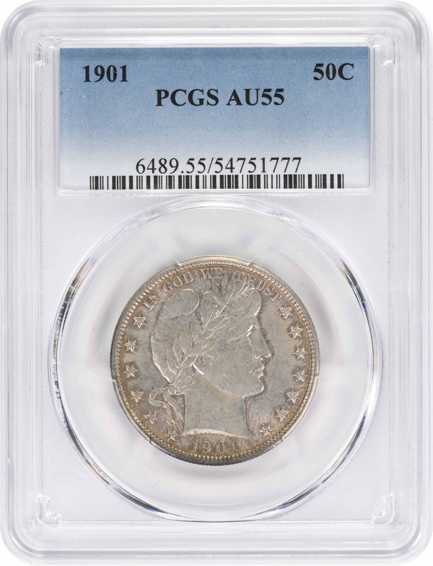 PCGS AU55 1901 Barber 50C Silver Half Dollar: PCGS AU55 1901 Barber 50C Silver Half Dollar 1901 Barber Half Dollar certified by PCGS and graded AU55. This pre-owned United States 50C silver coin is listed as circulated. Specifications Year: 1901 