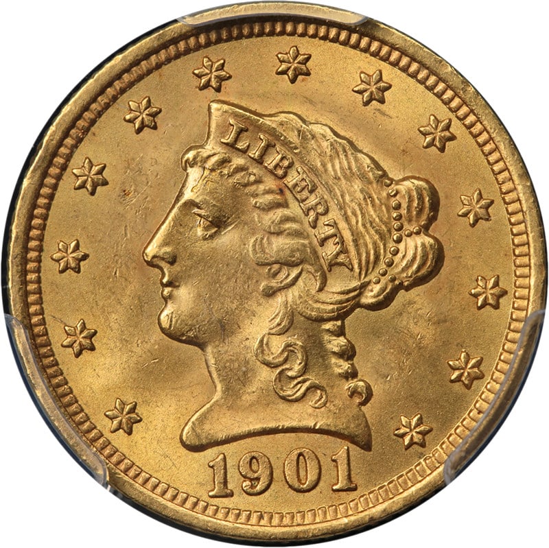 1901 $2.50 Liberty Gold Coin PCGS MS64: 1901 $2.50 Liberty Gold Coin PCGS MS64 Original 1901 Liberty Gold $2.50 coin certified by PCGS as MS64. This uncirculated pre-owned example is noted for great eye appeal, nice luster, a nice strike, g