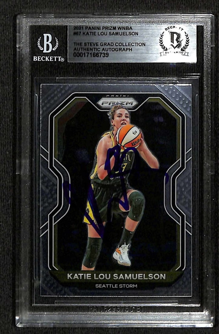Beckett Authenticated Katie Lou Samuelson 2021 Panini Prizm WNBA #67 Autograph Card: Beckett Authenticated Katie Lou Samuelson 2021 Panini Prizm WNBA #67 Autograph Card Original 2021 Panini Prizm WNBA #67 sports trading card autographed by Katie Lou Samuelson in blue permanent marker.