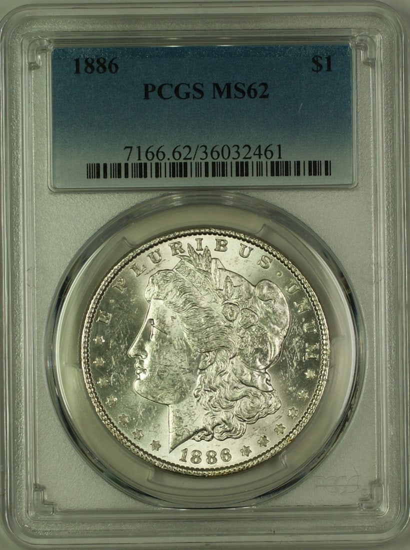 PCGS MS-62 1886 Morgan Dollar Silver $1 Coin: PCGS MS-62 1886 Morgan Dollar Silver $1 Coin This 1886 Morgan Silver Dollar is certified by PCGS with a grade of MS-62. Struck in silver at the Philadelphia Mint, this uncirculated coin features the i
