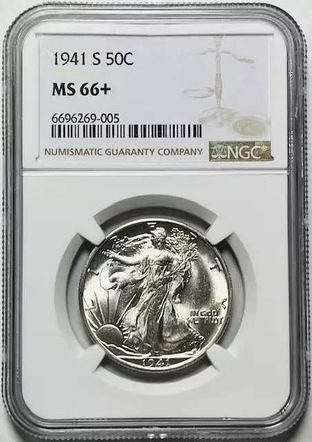 NGC MS 66+ 1941-S Walking Liberty Half Dollar Silver: NGC MS 66+ 1941-S Walking Liberty Half Dollar Silver 1941 S Walking Liberty Half Dollar graded NGC MS-66+ and struck in silver. This pre-owned coin is uncirculated and certified by NGC. Specifications