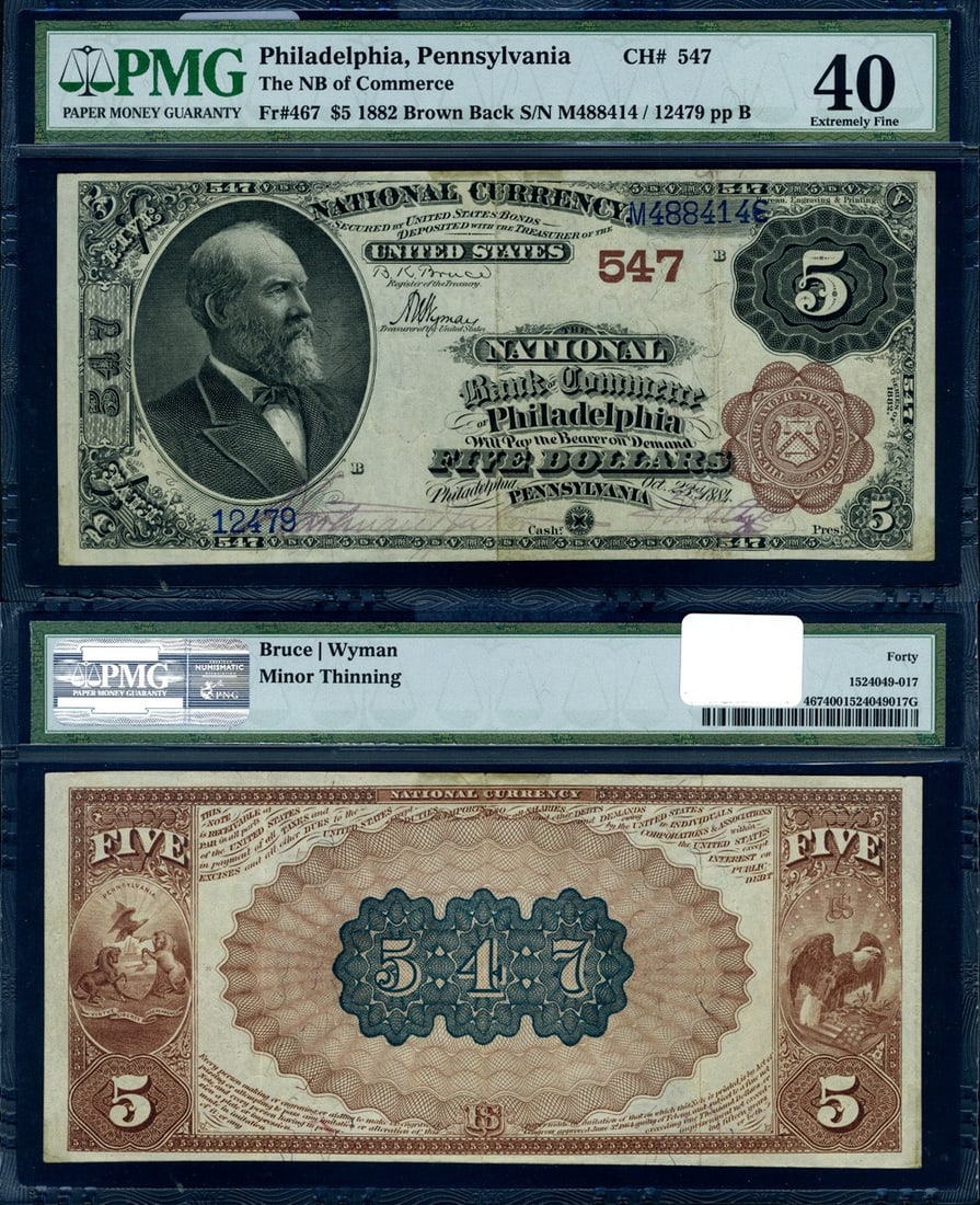 1882 BB $5 National Bank Note Philadelphia PA Ch #547 PMG XF40: 1882 BB $5 National Bank Note Philadelphia PA Ch #547 PMG XF40 1882 BB $5 National Bank Note from Philadelphia, Pennsylvania, issued by NB Commerce P, charter #547. This circulated example is PMG grad
