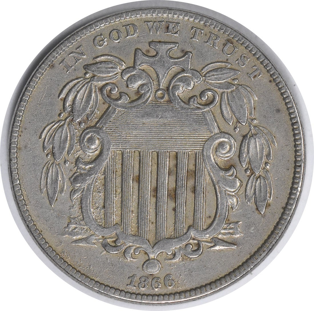1866 Shield Nickel Rusted Die Uncertified James Barton Longacre: 1866 Shield Nickel Rusted Die Uncertified James Barton Longacre This 1866 Shield Nickel features a rusted die on its obverse side and is graded as EF (Extremely Fine). It was minted in Philadelphia an