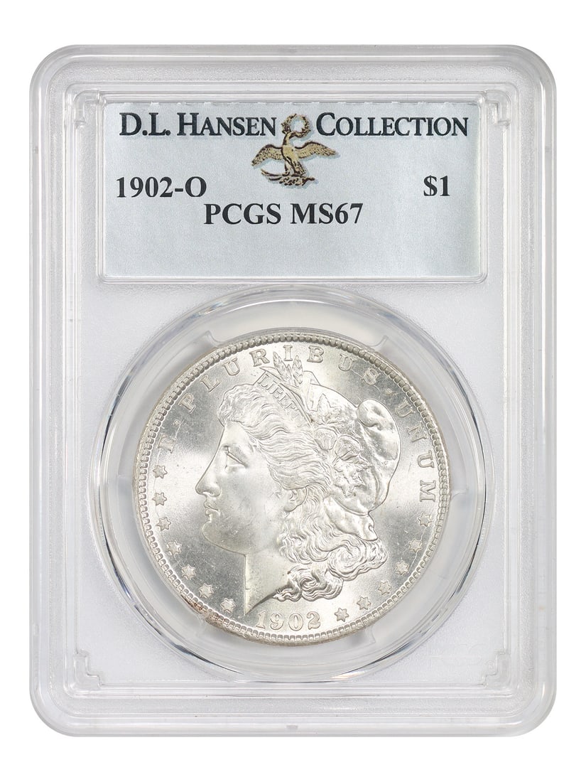 1902-O Morgan Dollar PCGS MS67 ex D.L. Hansen: 1902-O Morgan Dollar PCGS MS67 ex D.L. Hansen 1902-O Morgan Dollar certified by PCGS in MS67 and noted ex: D.L. Hansen. This uncirculated example is described as a silky super-gem with no distracting 