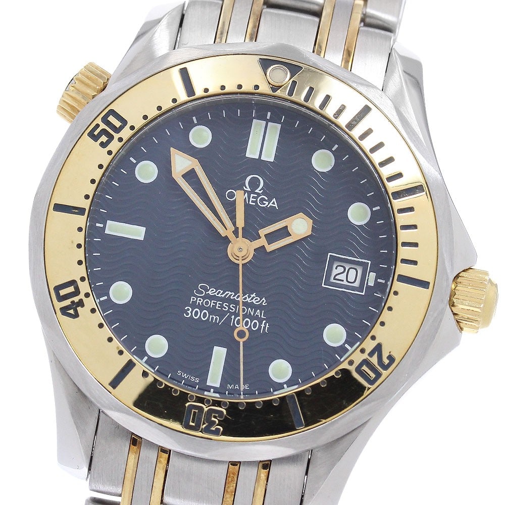 OMEGA Seamaster 300 Ref 2362.80 Quartz Date SS YG Unisex Watch: OMEGA Seamaster 300 Ref 2362.80 Quartz Date SS YG Unisex Watch OMEGA Seamaster 300 quartz wristwatch with date display. This unisex watch features a navy dial and a stainless steel and yellow gold com