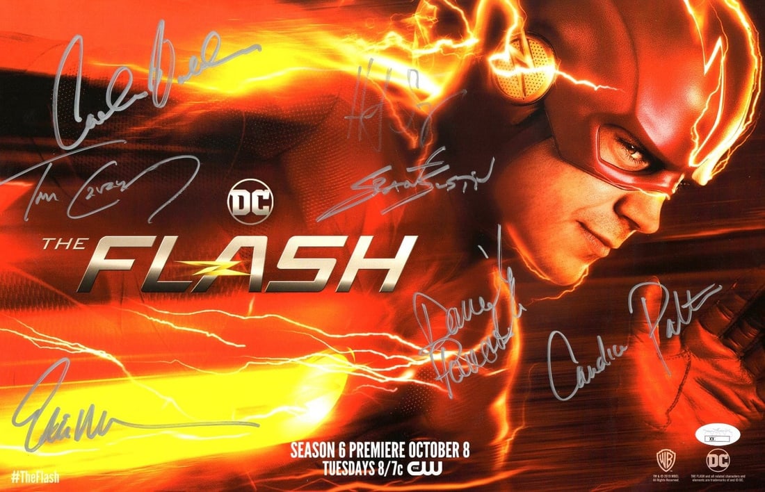 The Flash Cast Autographed 11X17 Poster with 7 Signatures JSA Authenticated: The Flash Cast Autographed 11X17 Poster with 7 Signatures JSA Authenticated This is an original 11X17 poster featuring the signed autographs of the cast from 'The Flash,' including Grant Gustin, Danie