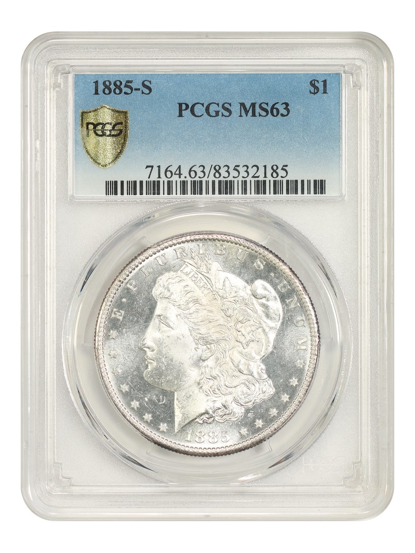 PCGS MS63 1885-S Morgan Silver Dollar San Francisco Mint: PCGS MS63 1885-S Morgan Silver Dollar San Francisco Mint 1885-S Morgan Dollar certified by PCGS in MS63 grade. This San Francisco issue is a lower mintage coin that circulated quite heavily, and high 