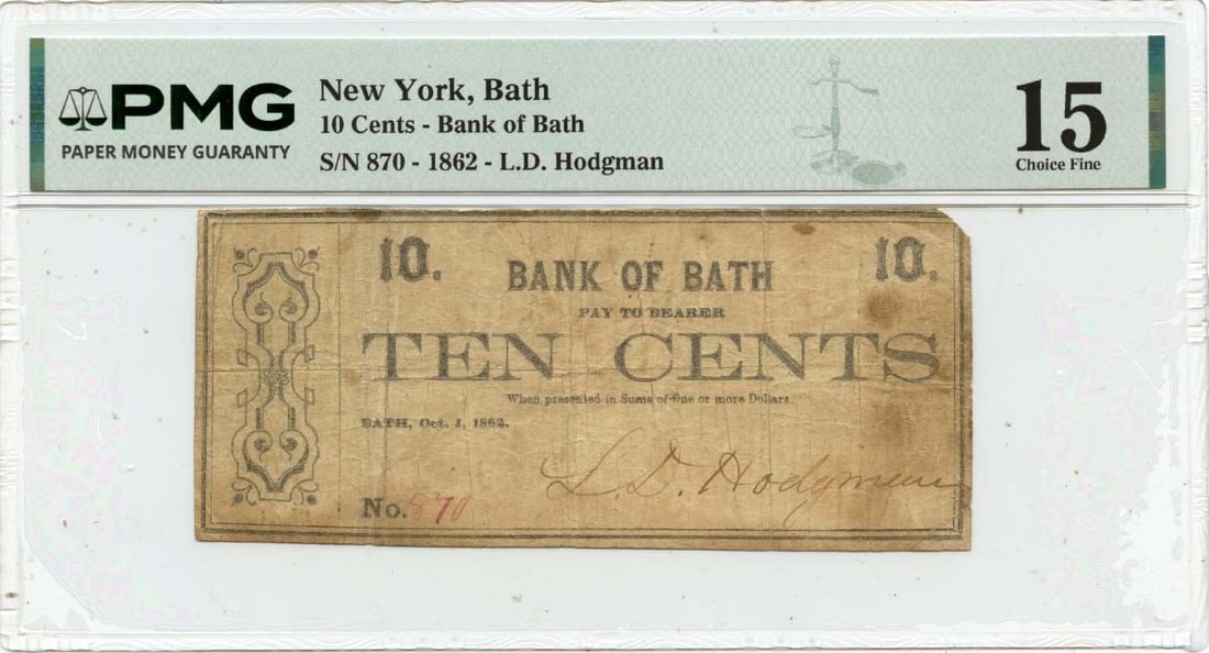 Bank of Bath 1862 Ten Cents Obsolete Currency PMG F15 Bath New York (1 of 2)
