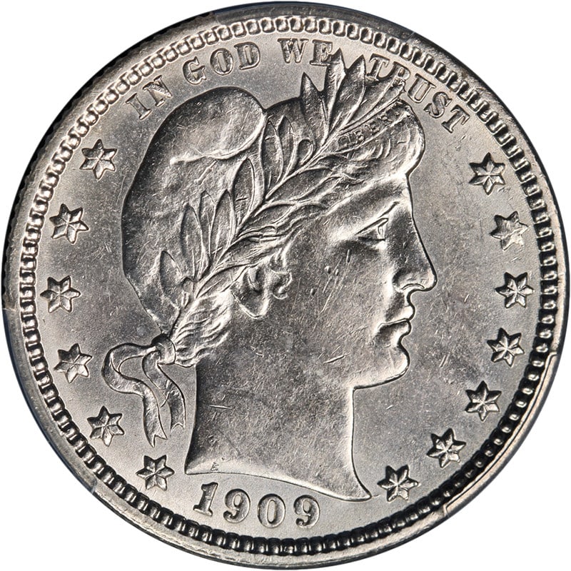 PCGS Unc Details 1909 O Barber Quarter Silver Key Date: PCGS Unc Details 1909 O Barber Quarter Silver Key Date 1909-O Barber Quarter certified by PCGS and graded Unc Details. This silver key date coin offers nice eye appeal, nice luster, a nice strike, bri
