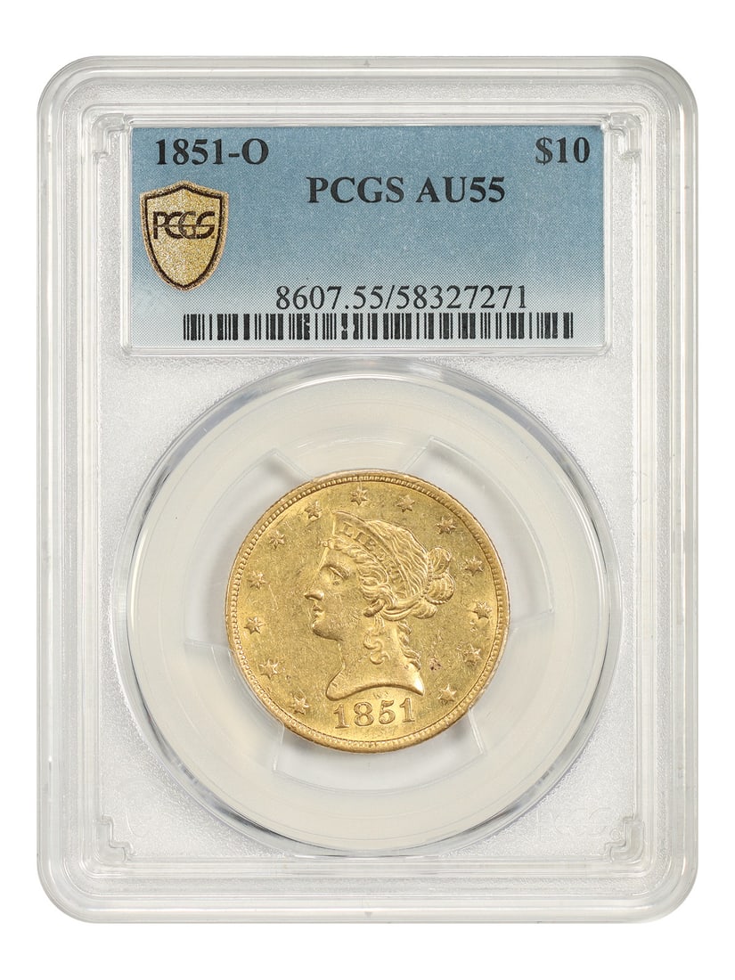 1851 O Liberty Head Eagle $10 PCGS AU55 New Orleans Mint: 1851 O Liberty Head Eagle $10 PCGS AU55 New Orleans Mint 1851-O Liberty Head $10 gold coin graded PCGS AU55. This circulated New Orleans issue is a popular and scarce early O-Mint Eagle, with just 263