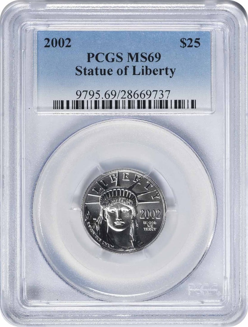 2002 Platinum $25 American Eagle Coin PCGS MS69 Graded: 2002 Platinum $25 American Eagle Coin PCGS MS69 Graded This 2002 $25 American Platinum Eagle coin is certified MS69 by PCGS. Struck by the U.S. Mint in Philadelphia, it features a composition of 99.95