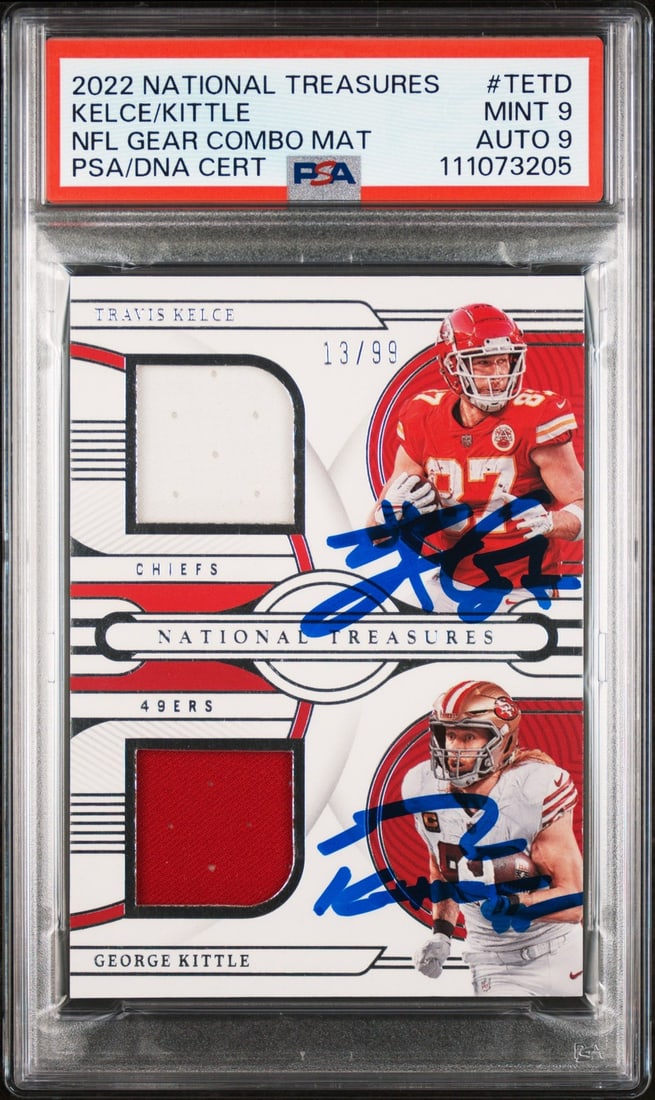 Travis Kelce George Kittle Signed 2022 NT Card #TETD Mint 9 PSA Authenticated: Travis Kelce George Kittle Signed 2022 NT Card #TETD Mint 9 PSA Authenticated This is a signed 2022 National Treasures NFL Gear Combo Materials card featuring both Travis Kelce and George Kittle. The 