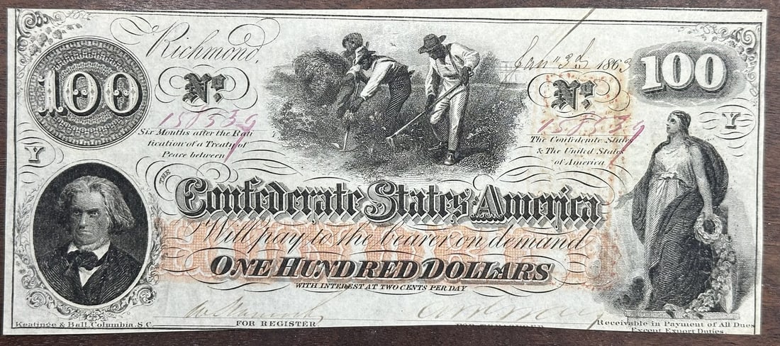 Confederate States of America Richmond $100 Bank Note 1862: Confederate States of America Richmond $100 Bank Note 1862 1862 Confederate States of America bank note from Richmond with a one hundred dollar denomination. This circulated example is offered as pre-