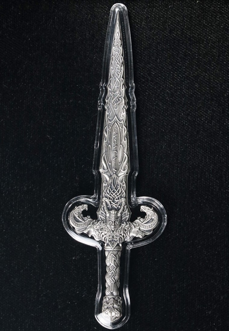 2026 Spectres Laevateinn Loki's Sword 1 oz .999 Silver with OGP COA: 2026 Spectres Laevateinn Loki's Sword 1 oz .999 Silver with OGP COA Original 2026 Spectres 1 ounce silver Laevateinn Loki's Sword coin with OGP and COA. This pre-owned piece is described as having sup