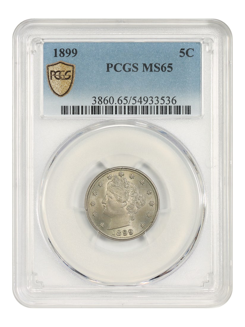 PCGS MS65 1899 Liberty Head 5C Nickel: PCGS MS65 1899 Liberty Head 5C Nickel 1899 Liberty Nickel certified by PCGS in MS65 grade. This uncirculated 5C coin is a pre-owned example from the Philadelphia Mint. Specifications Denomination: 5C 
