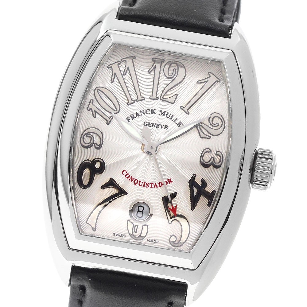 Franck Muller Conquistador 8002SC mens automatic date wristwatch: Franck Muller Conquistador 8002SC mens automatic date wristwatch Franck Muller Conquistador Date automatic men's wristwatch with a stainless steel case, silver dial, and leather aftermarket belt. The 