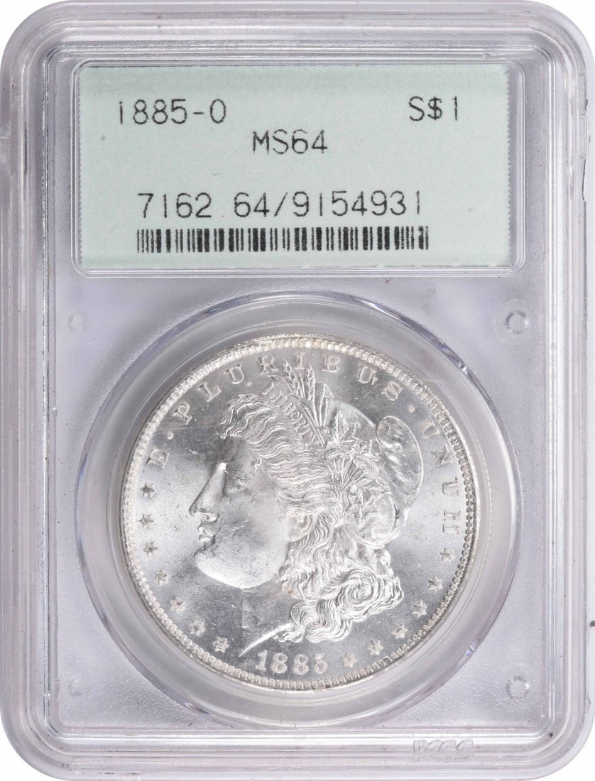 1885-O Morgan Silver Dollar MS64 PCGS Uncirculated Coin: 1885-O Morgan Silver Dollar MS64 PCGS Uncirculated Coin This stunning 1885-O Morgan Silver Dollar is a true collector's gem, graded MS64 by PCGS. With a composition of 90% silver and 10% copper, this 