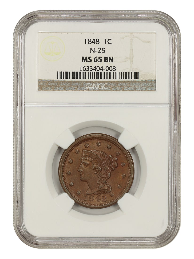 NGC MS65BN 1848 Braided Hair Cent Newcomb-25 1C (1 of 4)