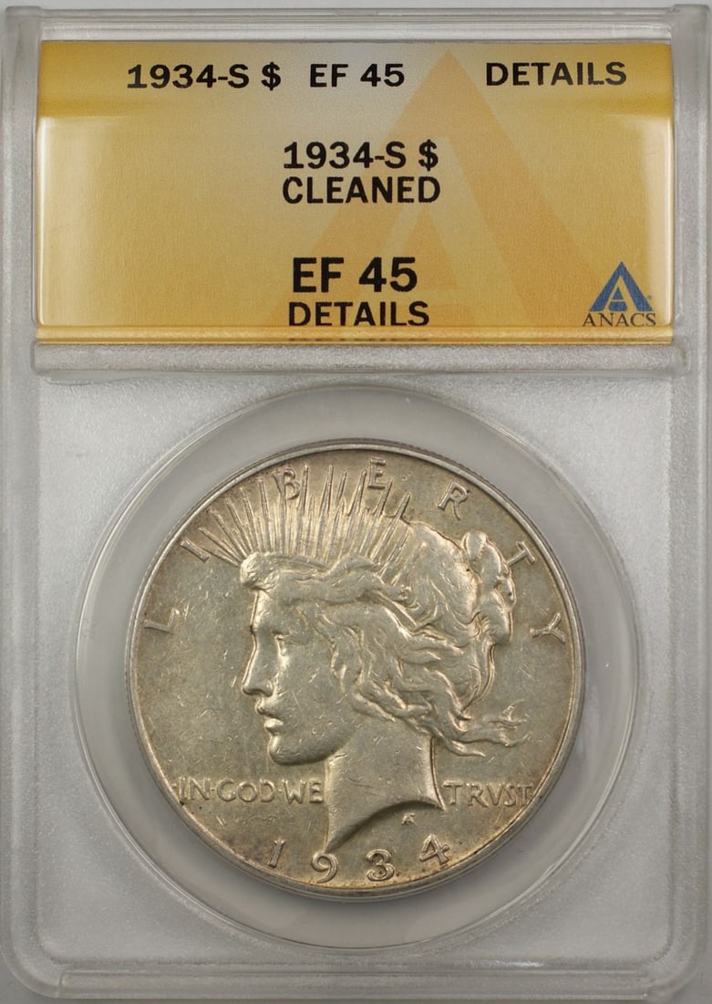 ANACS EF 45 1934-S Peace Dollar $1 Cleaned Details: ANACS EF 45 1934-S Peace Dollar $1 Cleaned Details 1934 Peace Silver Dollar coin from the United States, certified by ANACS and graded EF 45 with cleaned details. This circulated silver $1 coin is a p