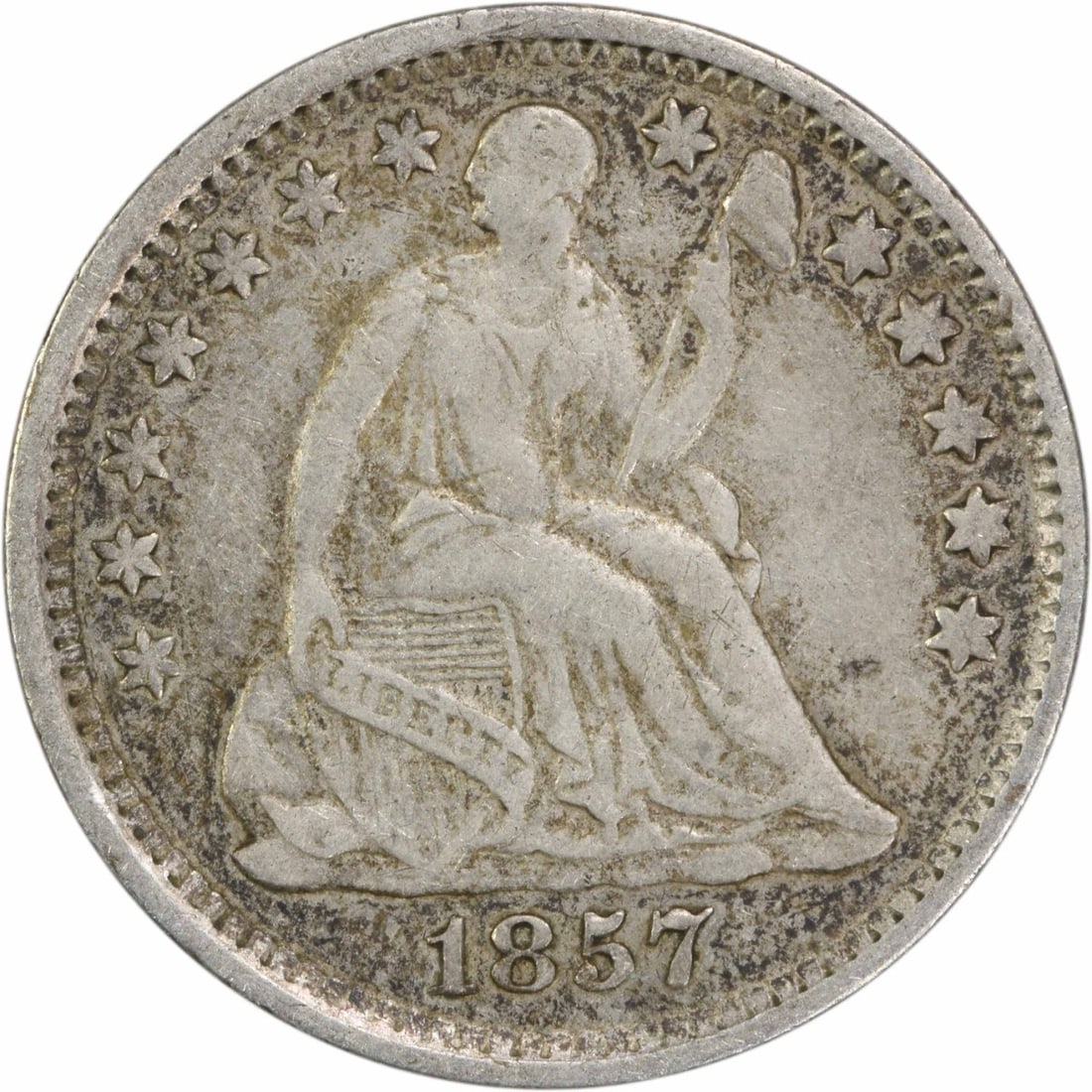 1857 Liberty Seated Half Dime EF Uncertified 90% Silver: 1857 Liberty Seated Half Dime EF Uncertified 90% Silver This 1857 Liberty Seated Silver Half Dime is a remarkable piece of American numismatic history. Struck at the Philadelphia Mint, this coin featu