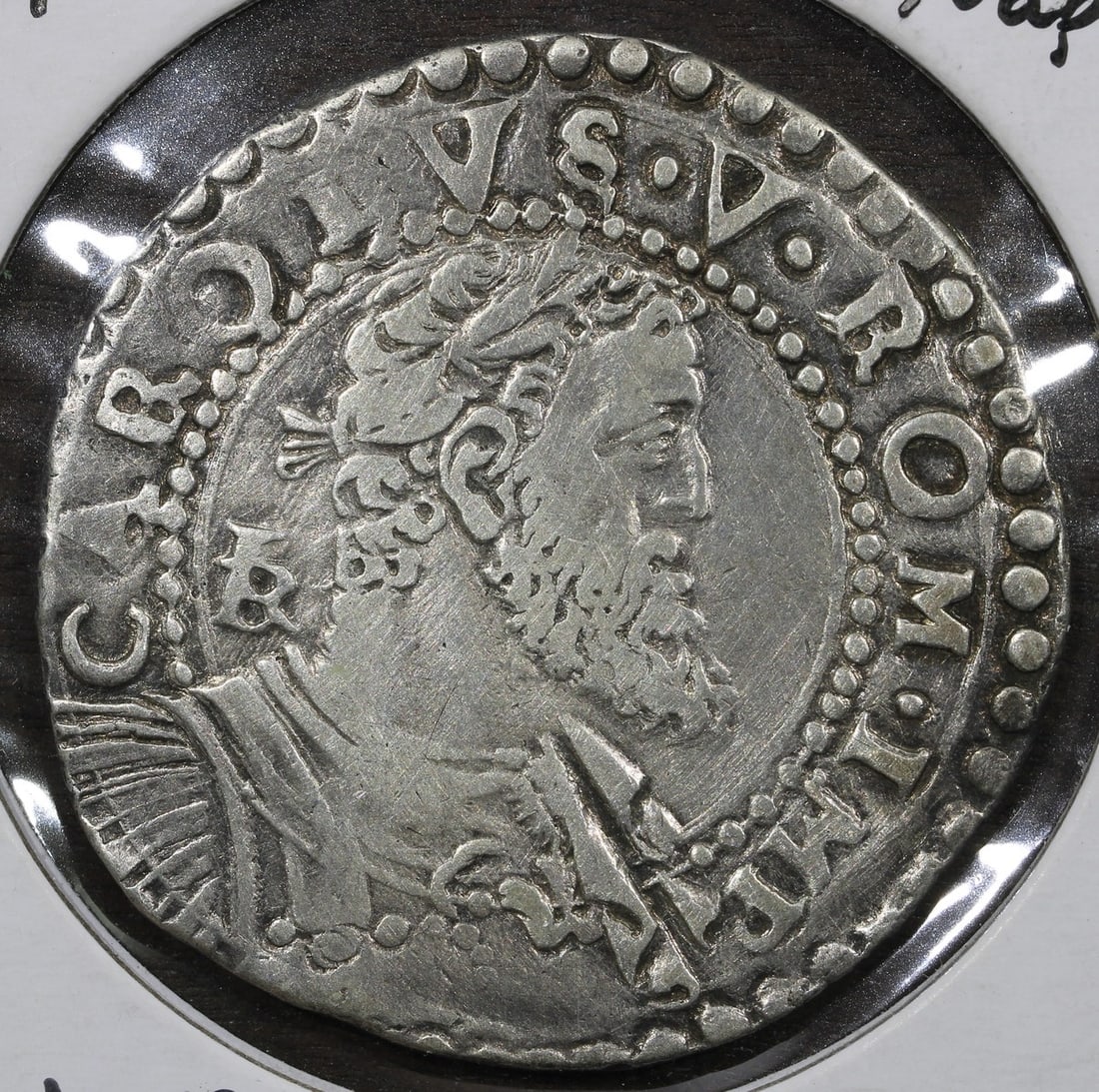 1554 Naples Italy Silver Half Ducato Carlo V Coin VF: 1554 Naples Italy Silver Half Ducato Carlo V Coin VF Pre-owned 1554 Naples 1/2 Ducato struck in silver during the reign of Carlo V. This coin is identified as a Very Fine (VF) example. Specifications 