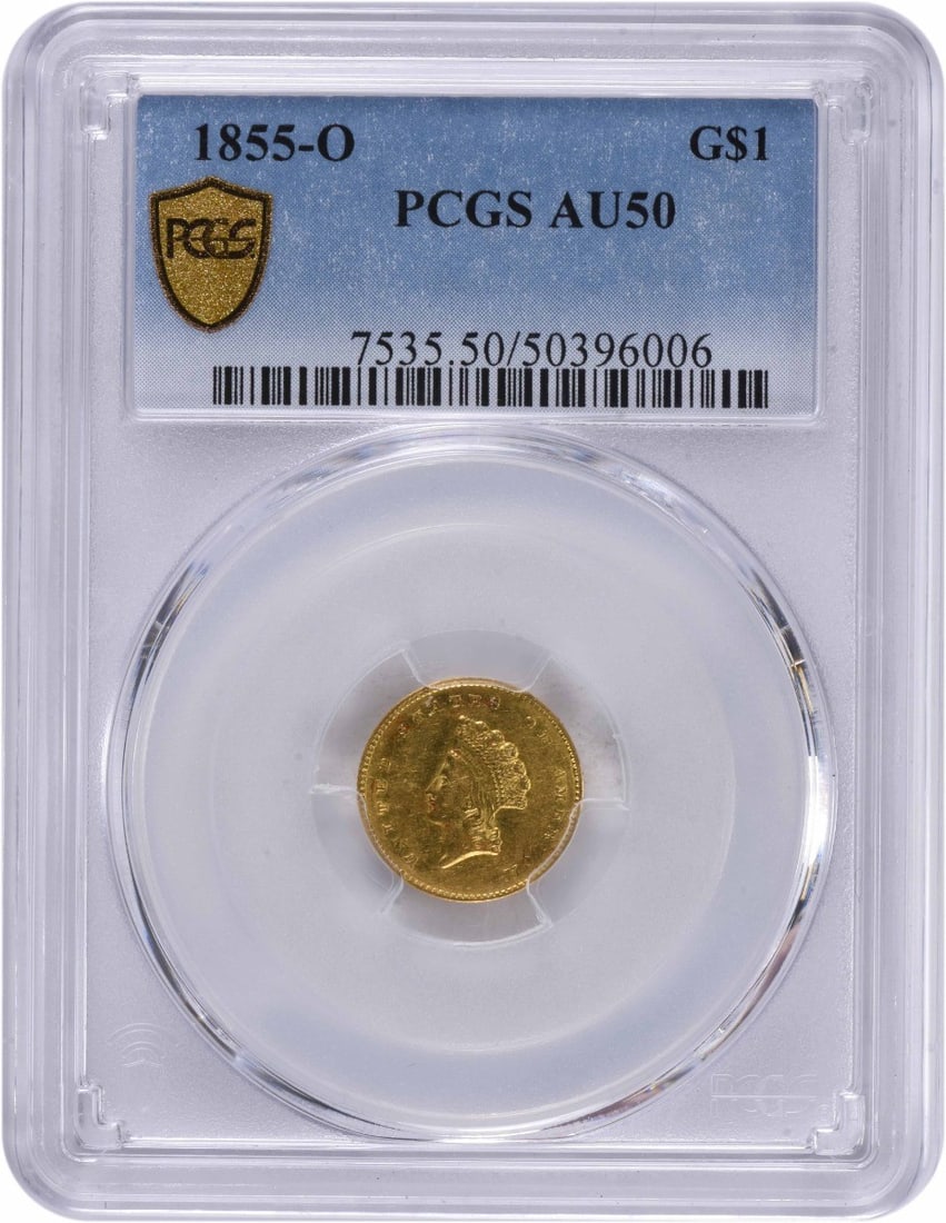PCGS AU50 1855 O Liberty Head Gold Dollar Type 2: PCGS AU50 1855 O Liberty Head Gold Dollar Type 2 1855-O $1 Gold Type 2 coin graded AU50 by PCGS. This circulated pre-1933 United States gold dollar was struck at the New Orleans Mint and features a re