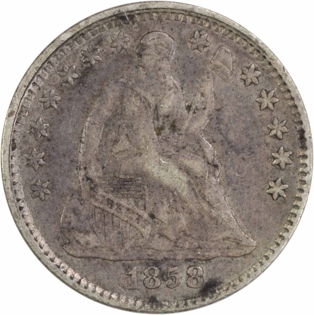 1858 Liberty Seated Half Dime Uncertified 90% Silver: 1858 Liberty Seated Half Dime Uncertified 90% Silver Introducing the 1858 Liberty Seated Silver Half Dime, a remarkable piece of American numismatic history. This coin, designed by Christian Gobrecht,